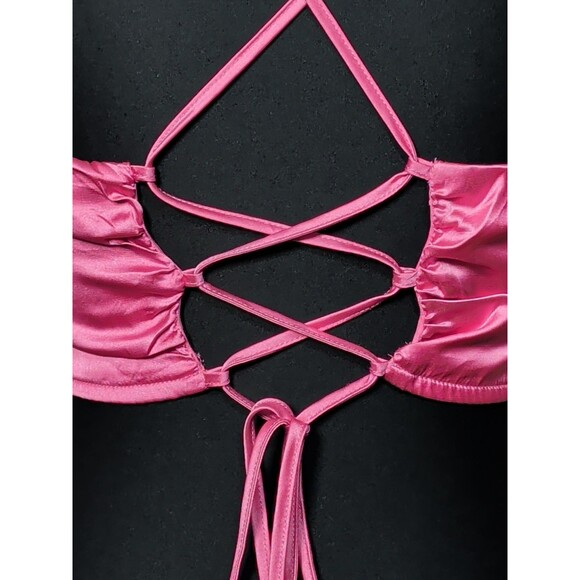 Women's Xsmall Satin Pink Cowl Neck Corset Crop Top Barbiecore Party Y2K - Picture 7 of 12